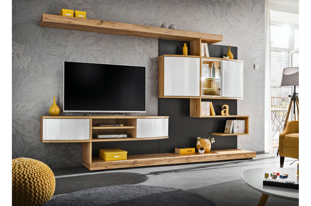 Meuble TV  design  mural bois et blanc laqu  300 cm pour salon 