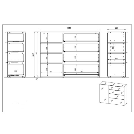 Petit buffet bois - Verre blanc 1P 4T