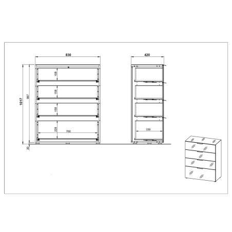 Commode 4 tiroirs bois - Verre blanc