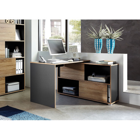 Bureau d'angle bois et anthracite avec rangement intégré