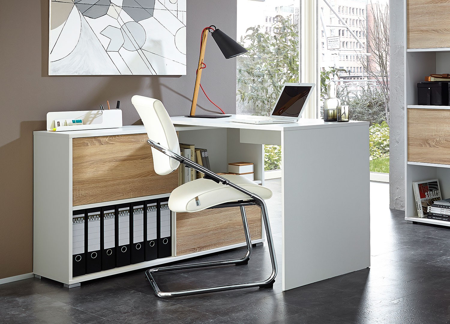 Bureau télétravail avec tiroirs - 120 cm - blanc/chêne - pieds métal blancs