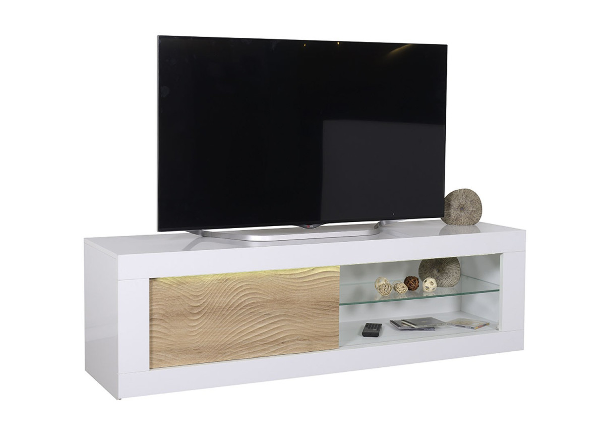 Meuble tv blanc et bois avec relief 3D - 170 cm