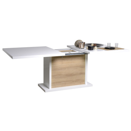 Table extensible blanc et bois - Pieds central éclairage intégré