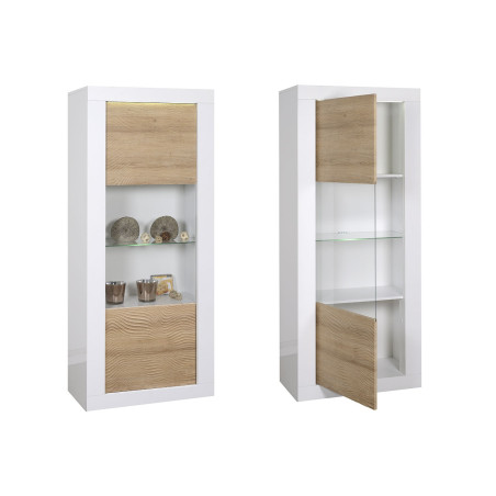 Vitrine design blanche / bois avec reliefs et éclairage led