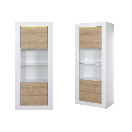 Vitrine design blanche / bois avec reliefs et éclairage led