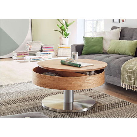 Table basse ronde avec rangement bois et inox