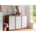 Meuble buffet 2 portes 4 tiroirs blanc et bois