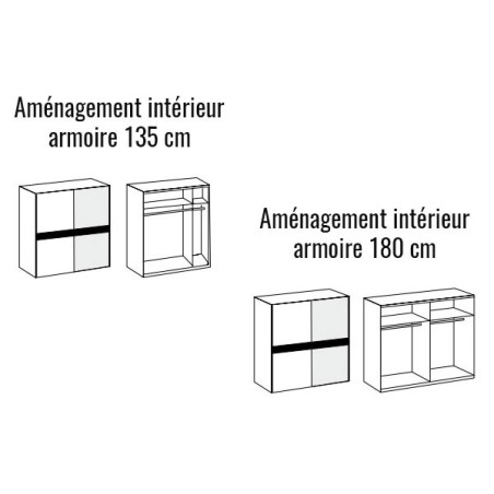 Armoire coulissante 135 ou 180 cm - Blanche / Verre gris / Miroir