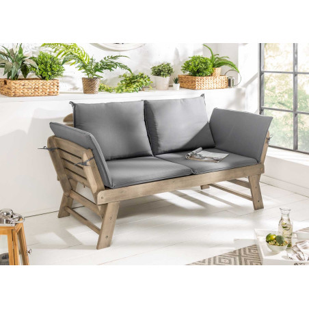 Banc de jardin en bois acacia grisé avec coussin