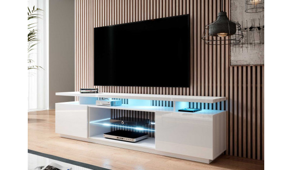Meuble TV moderne blanc laqué 200 cm pour salon