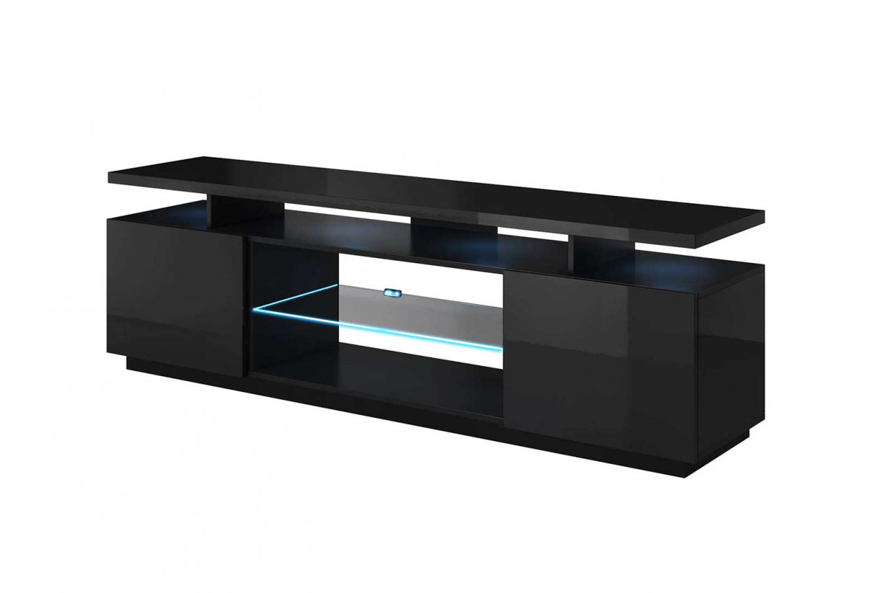 Meuble TV contemporain noir avec LED 2 portes MALORIE - 180 cm