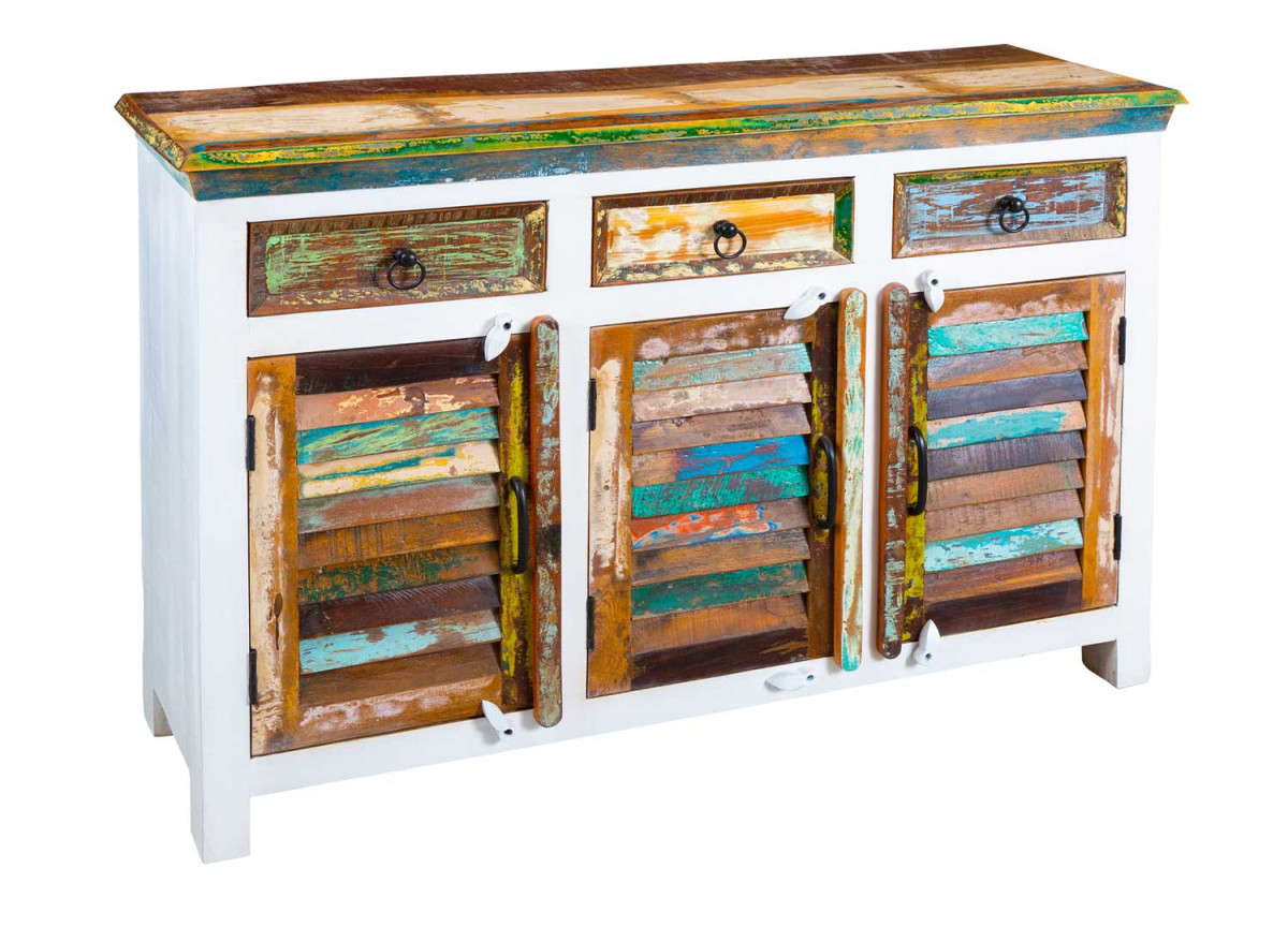 Buffet blanc et bois recyclé coloré