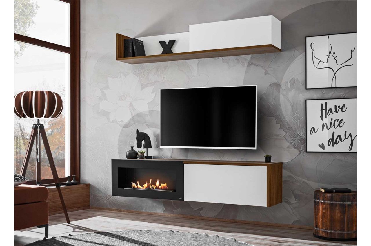 Meuble TV mural blanc ou noir avec cheminée bio éthanol