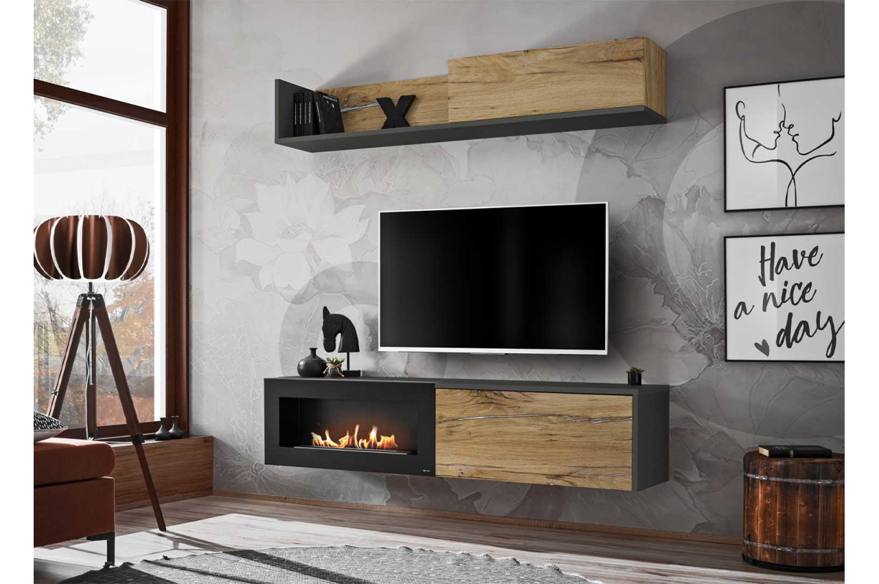 Meuble TV mural design avec cheminée artificielle intégrée en
