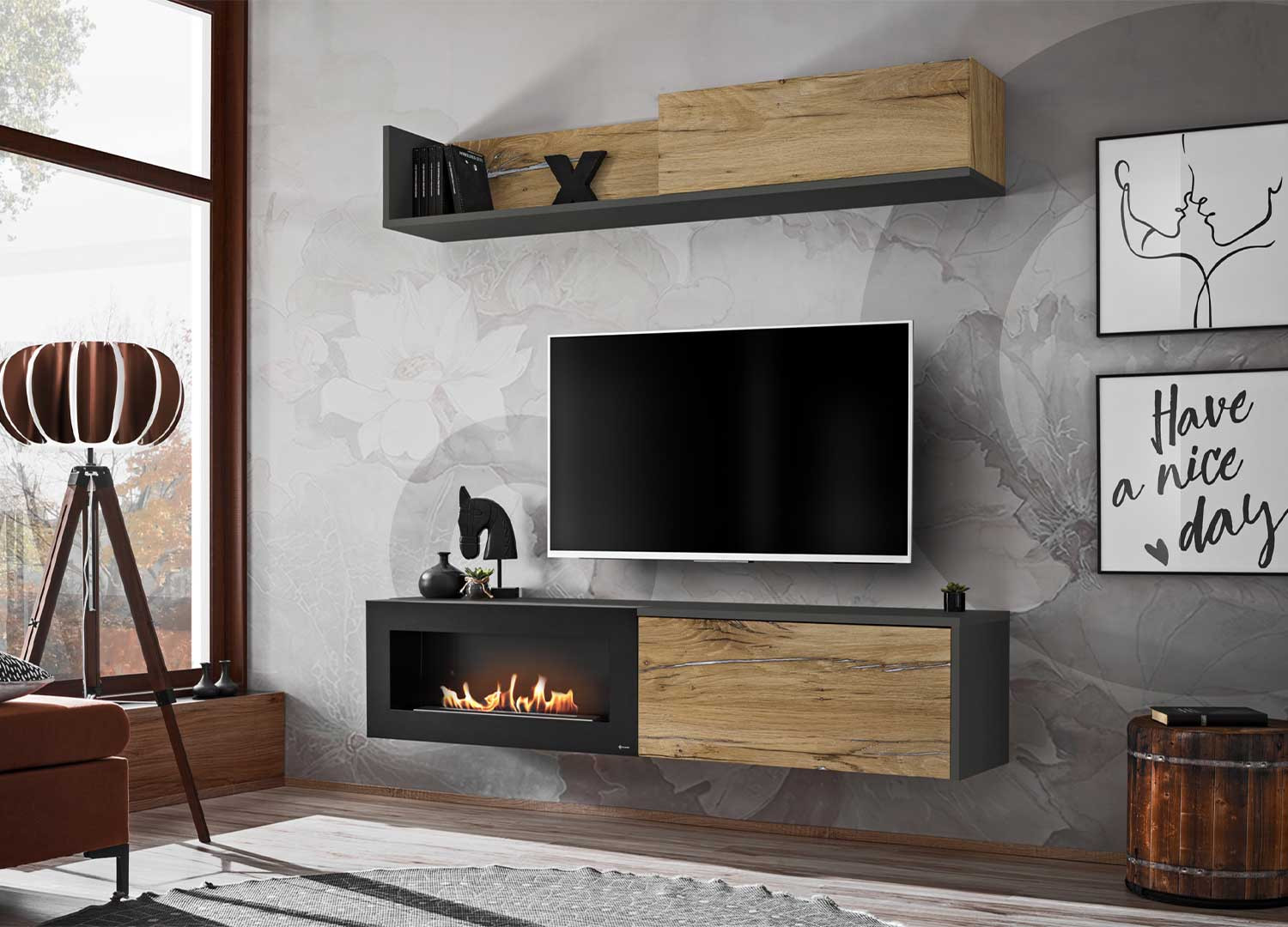 Meuble TV mural avec cheminée pour salon