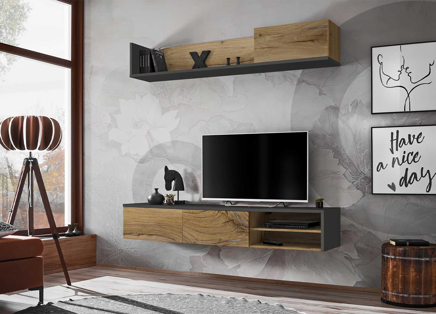 Meuble TV suspendu 180 cm blanc et bois pour salon
