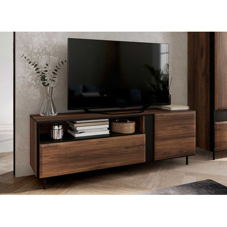 Meuble TV 155 cm chêne foncé et noir