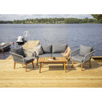 Banquette fauteuil et table de jardin gris et bois