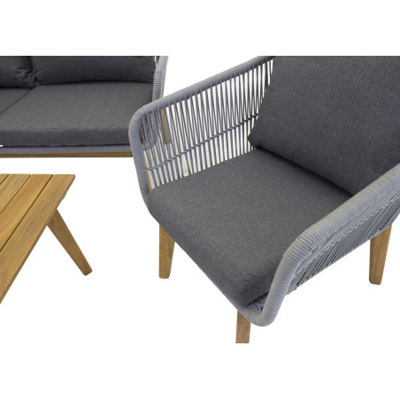 Banquette fauteuil et table de jardin gris et bois