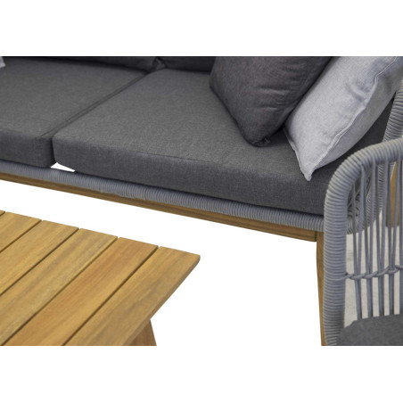 Banquette fauteuil et table de jardin gris et bois