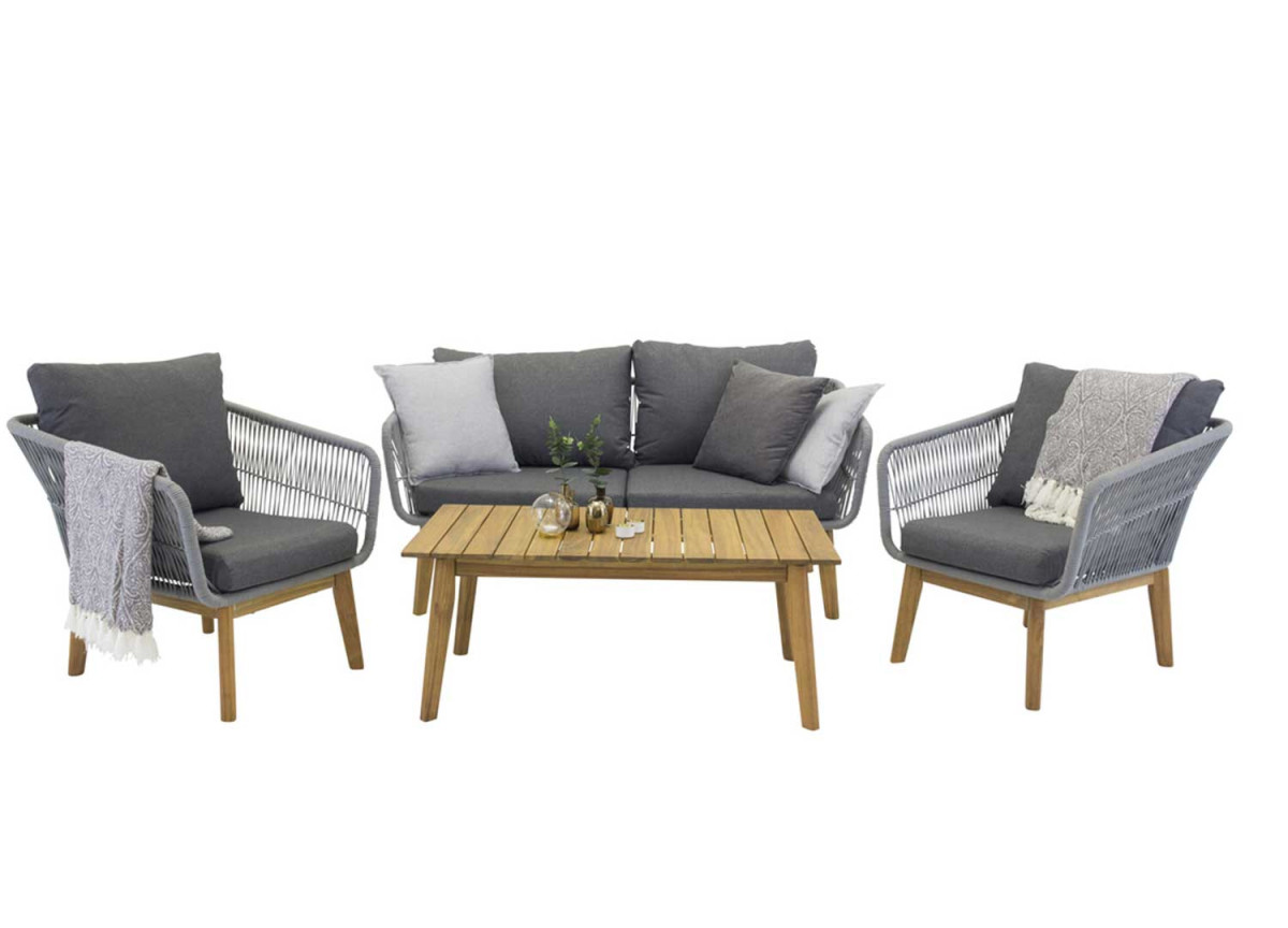 Banquette fauteuil et table de jardin gris et bois