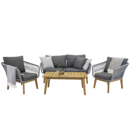 Banquette fauteuil et table de jardin gris et bois