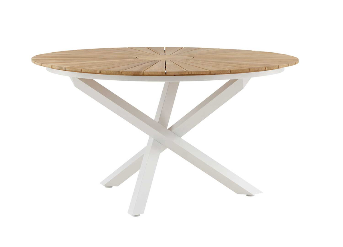 Table de jardin ronde 140 cm blanche et teck