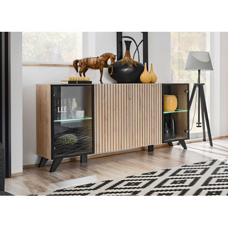 Buffet 160 cm noir et bois et led blanc