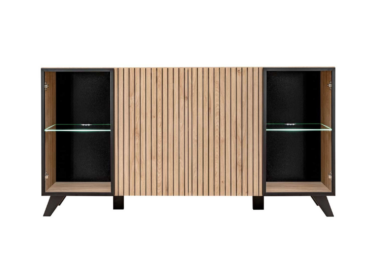 Buffet 160 cm noir et bois et led blanc