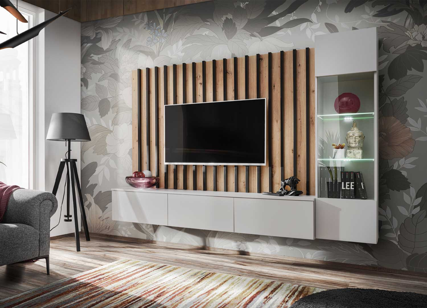 Composition murale TV et cheminée électrique Lounge 01