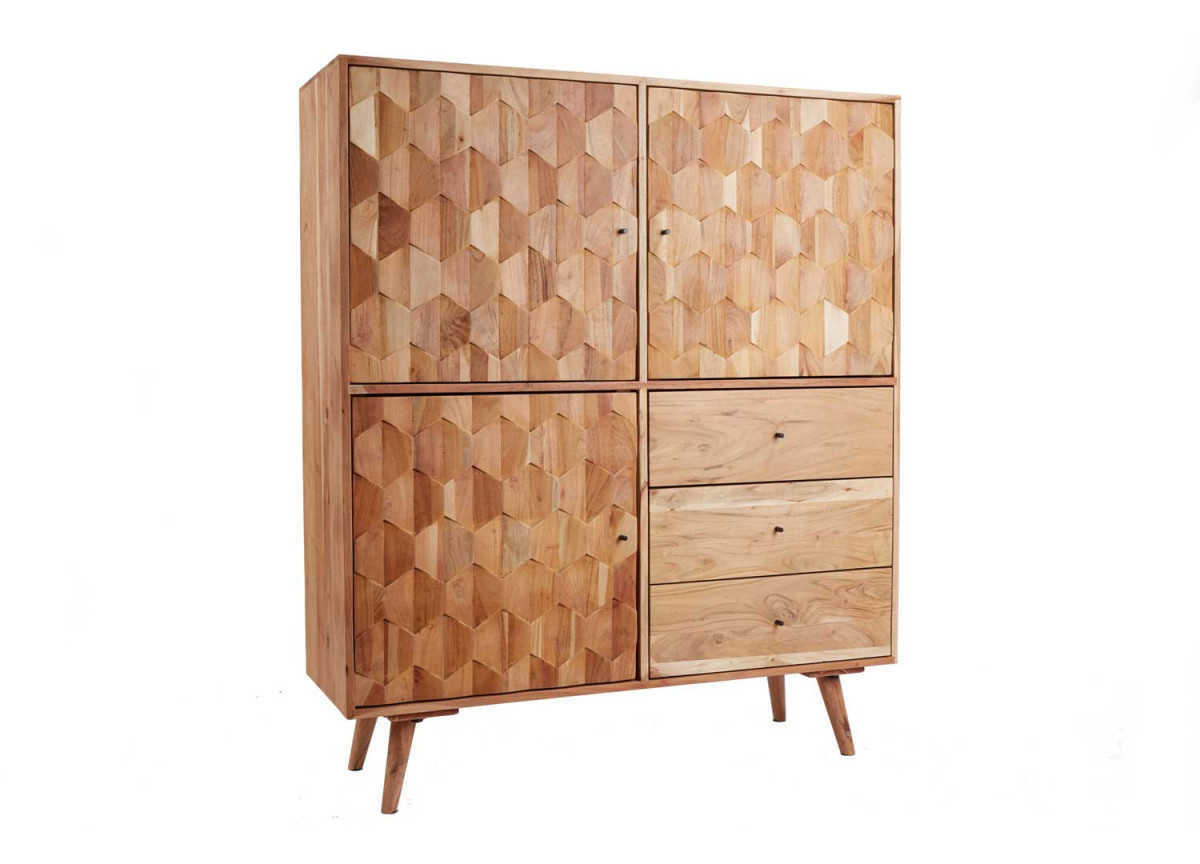 Buffet en bois d'acacia façades sculptées style scandinave