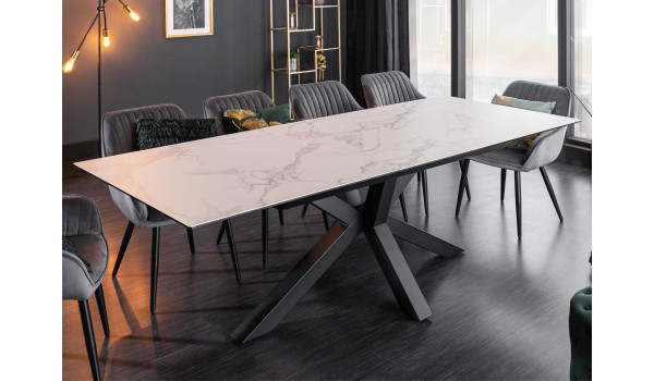 Table design en céramique effet marbre blanc pour salle à manger