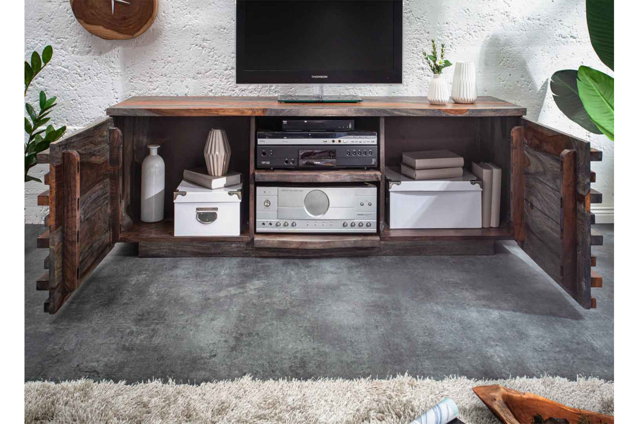 Grand meuble tv bas en bois massif et métal gris Haden - 9134