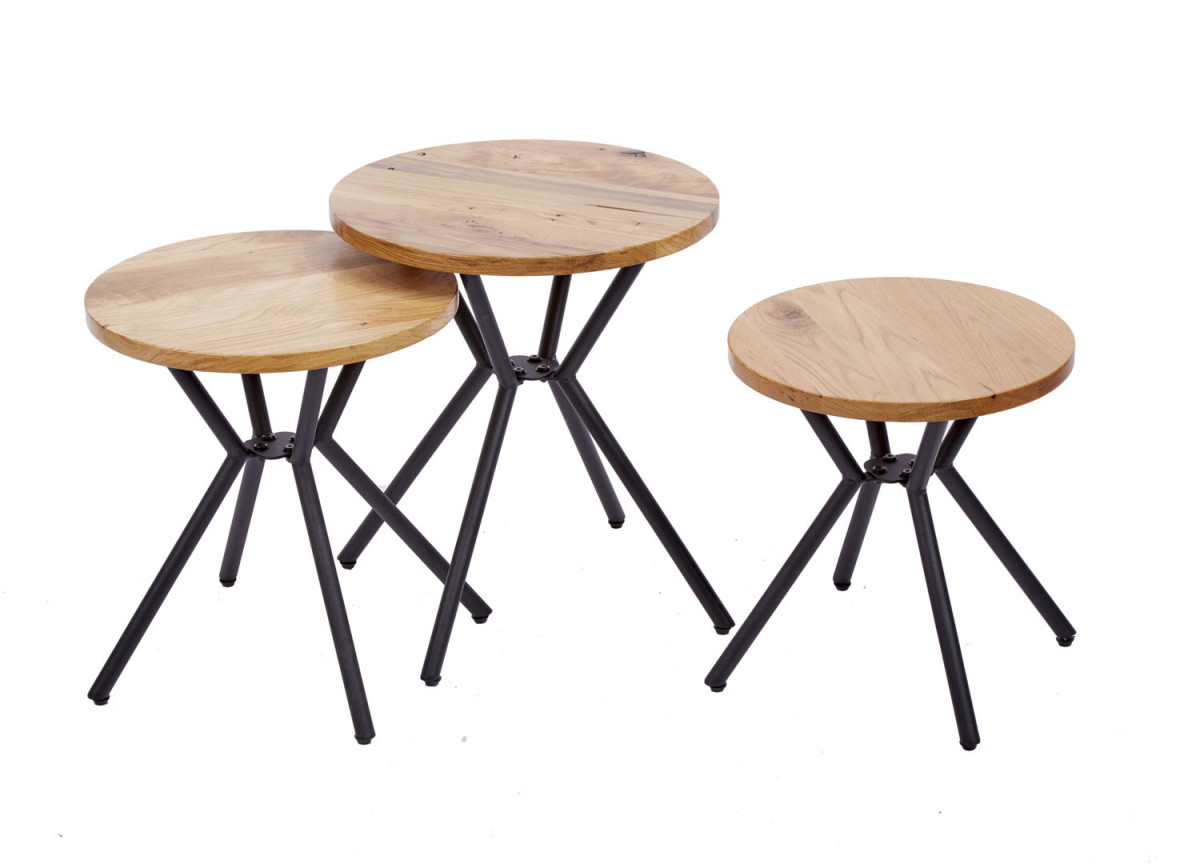 Lot de 3 tables basses en chêne et métal