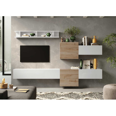 Ensemble TV mural blanc et bois 262 cm