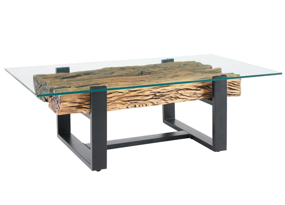 Table basse 130 cm teck verre et acier noir