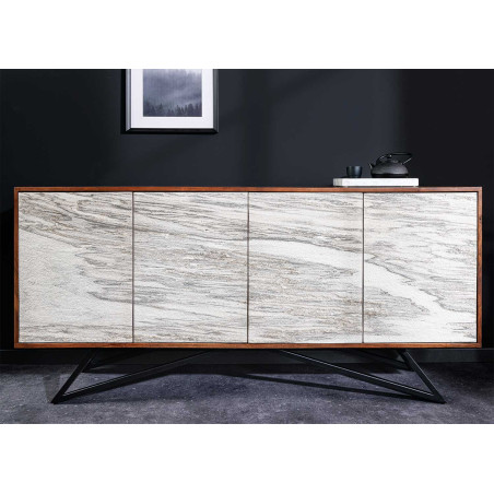 Buffet 175 cm acacia et feuille de pierre marbrée blanc