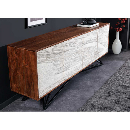 Buffet 175 cm acacia et feuille de pierre marbrée blanc