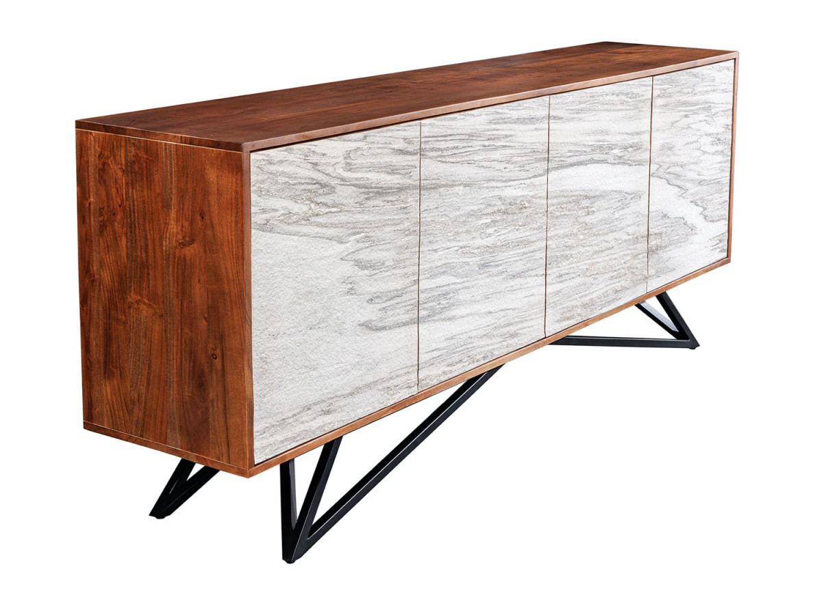 Buffet 175 cm acacia et feuille de pierre marbrée blanc