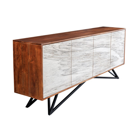 Buffet 175 cm acacia et feuille de pierre marbrée blanc