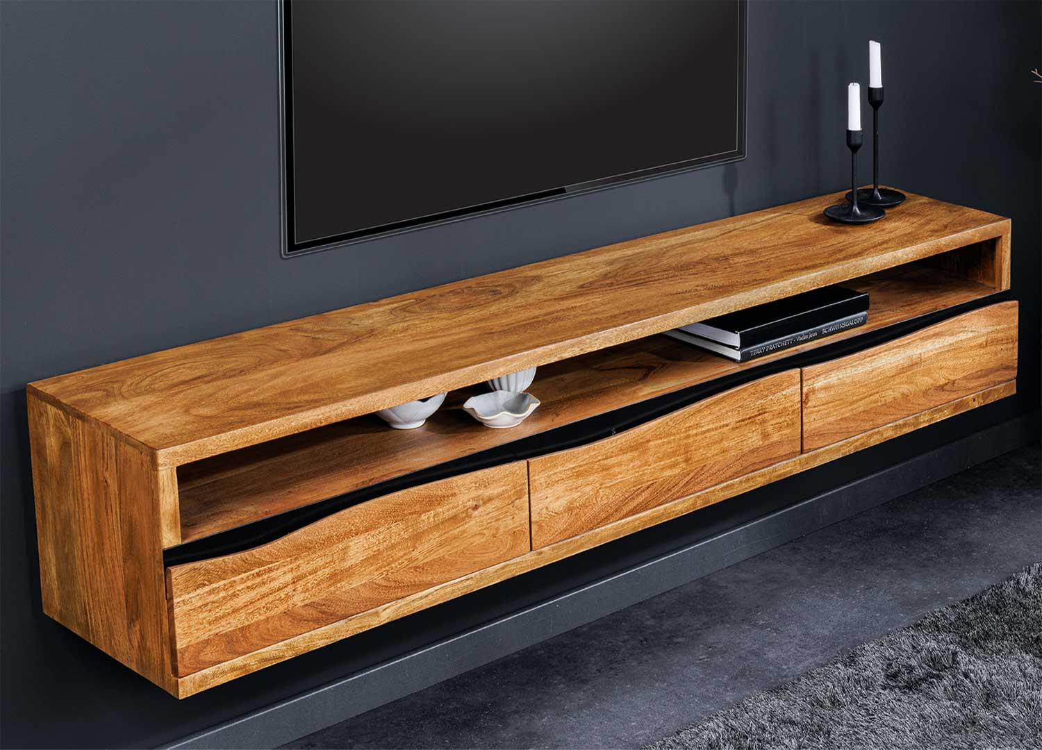 Meuble TV suspendu 150 cm style industriel en acacia massif naturel