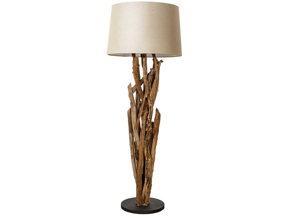 Lampe sur pied en bois de Teck et abat jour en lin beige