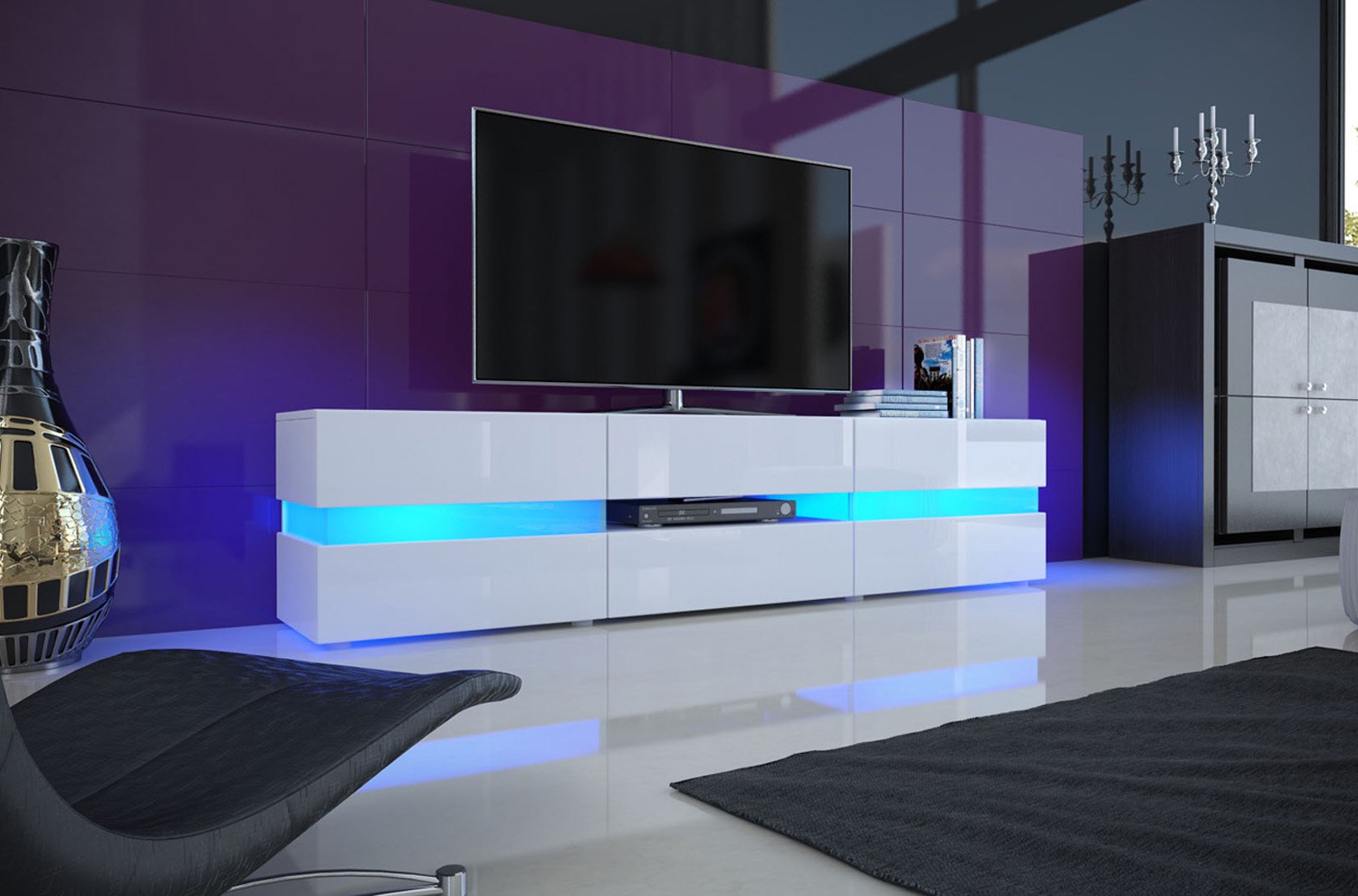 Meuble tv blanc moderne avec éclairage led 16 couleurs, 1,4 m de long –  meuble de rangement élégant pour téléviseur 60, barre lumineuse 16  couleurs, panneaux de porte brillants avec compartiments en verre -  Conforama