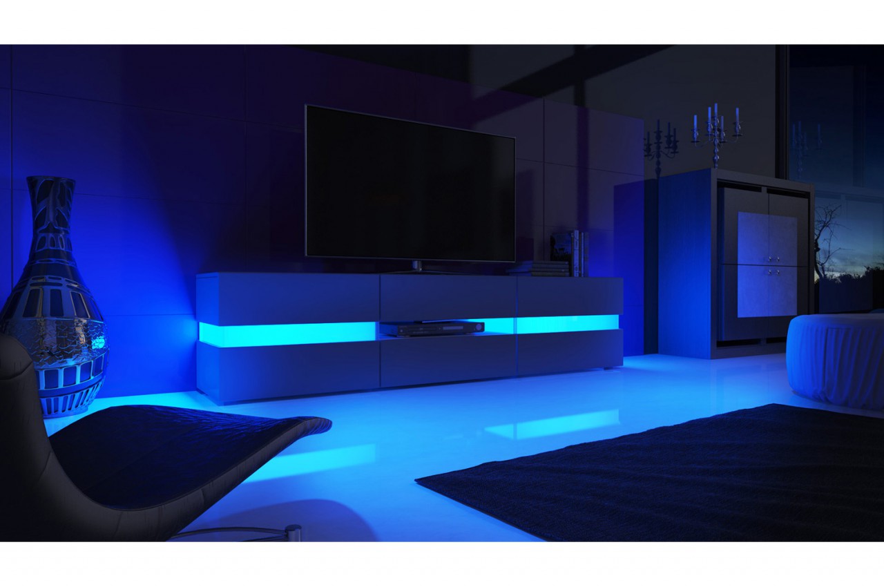 Meuble TV moderne et design laqué + LED SALVADOR