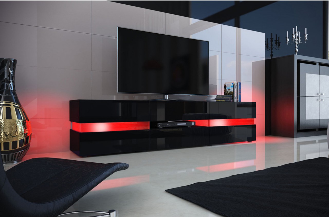 Ensemble meuble tv mural modic noir brillant avec led - Conforama