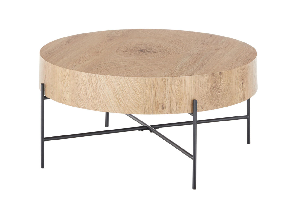 Table basse moderne plateau rond finition chêne