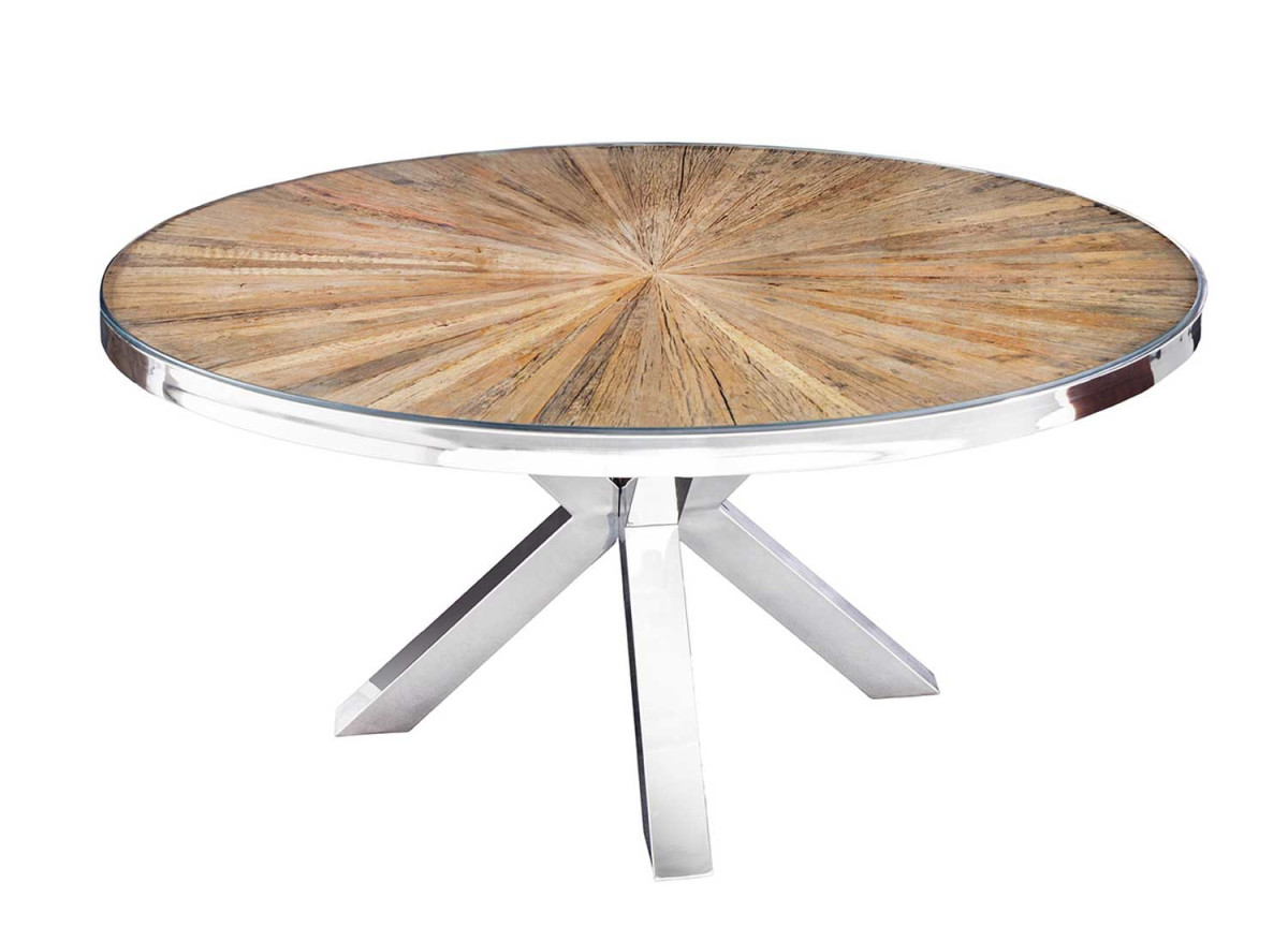 Table ronde 140 cm en teck & verre et acier chromé