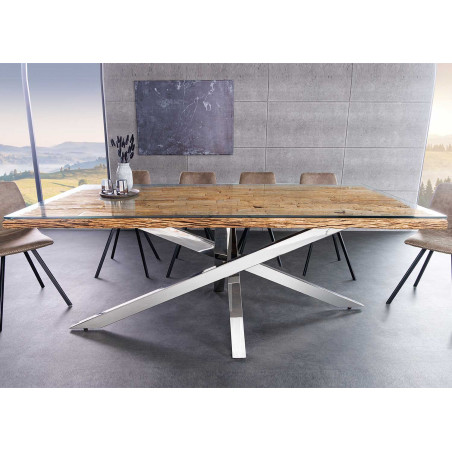 Table rectangulaire 220 cm en teck - verre et acier chromé