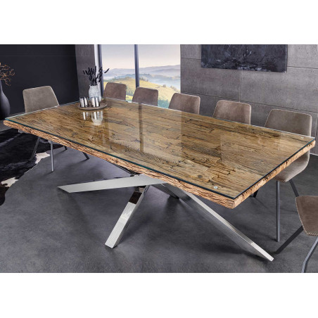 Table rectangulaire 220 cm en teck - verre et acier chromé