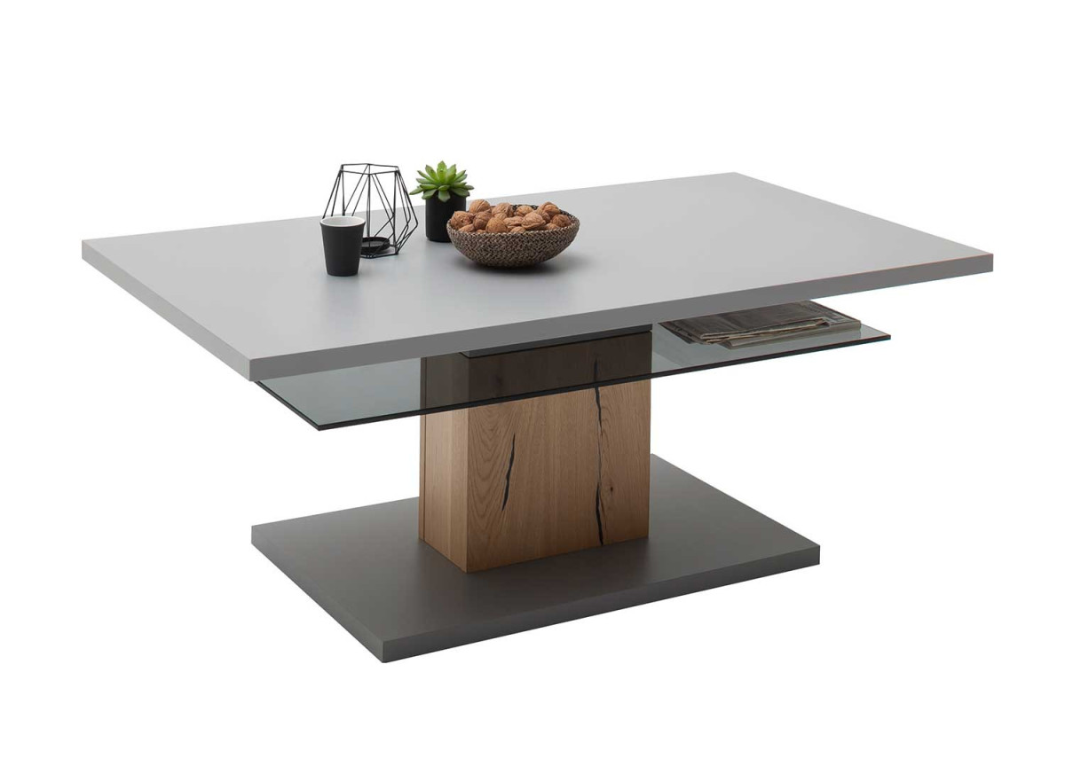 Table basse design laqué gris mat, chêne et verre fumé